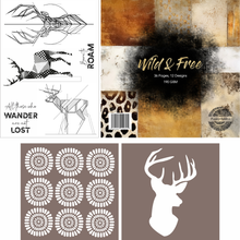Funky Fossil Wild & Free Mini Collection - 8x8 Papers A5 Born to Roam Stamps & 6x6" Stencils Sundials & Stag Head
