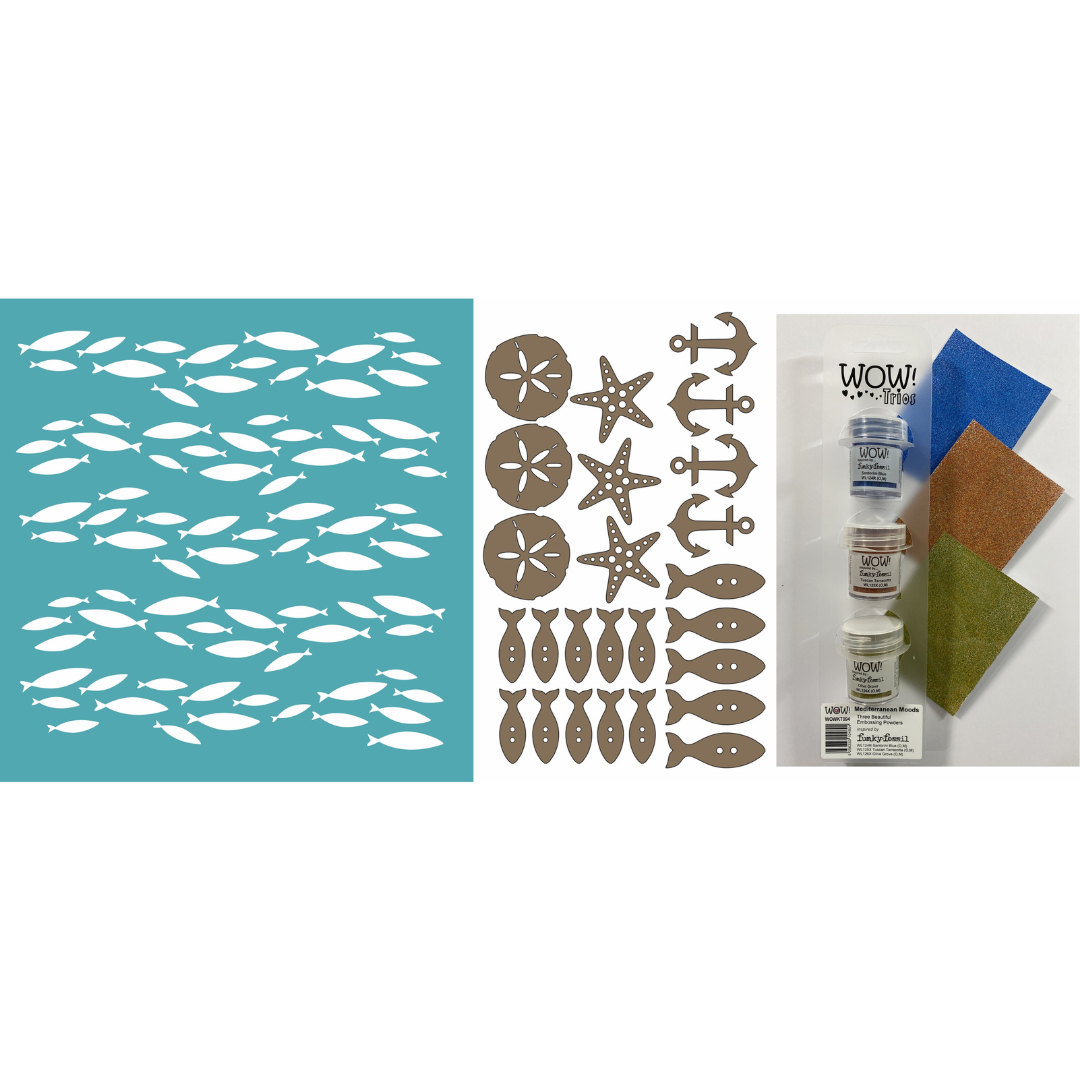 Funky Fossil 8x8 Ebb and Flow stencil, Sea Life MDF Buttons & Embossing Powder Trio