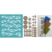 Funky Fossil 8x8 Ebb and Flow stencil, Sea Life MDF Buttons & Embossing Powder Trio