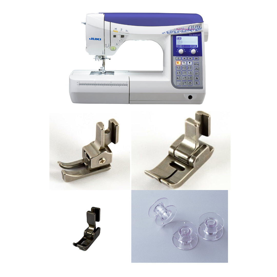 Juki HZL DX2000QVP Sewing Machine with 1.5mm Compensating, Left Zip & Piping Feet plus 10 Bobbins