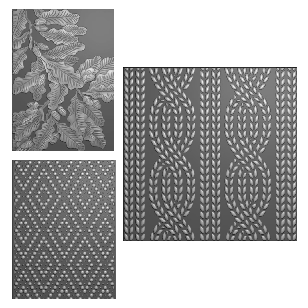 Funky Fossil Set of 3 Assorted Embossing Folders - Oak Leaf, Knit & Diamond Dots