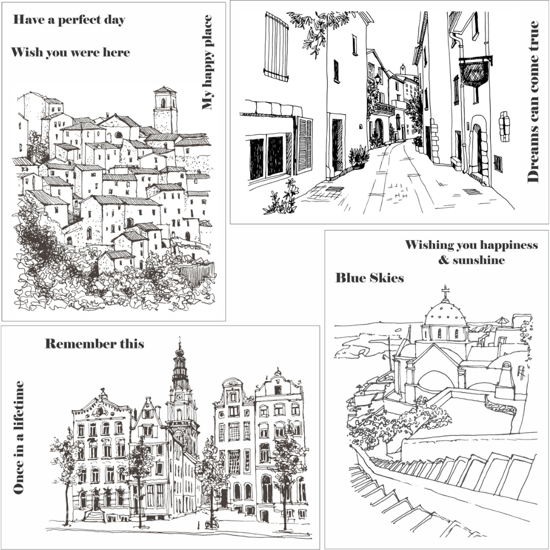 Funky Fossil 4 x A6 Scenic Postcard Stamps - Hillside Village, Street Scene, Blue Skies & Remember This