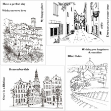 Funky Fossil 4 x A6 Scenic Postcard Stamps - Hillside Village, Street Scene, Blue Skies & Remember This