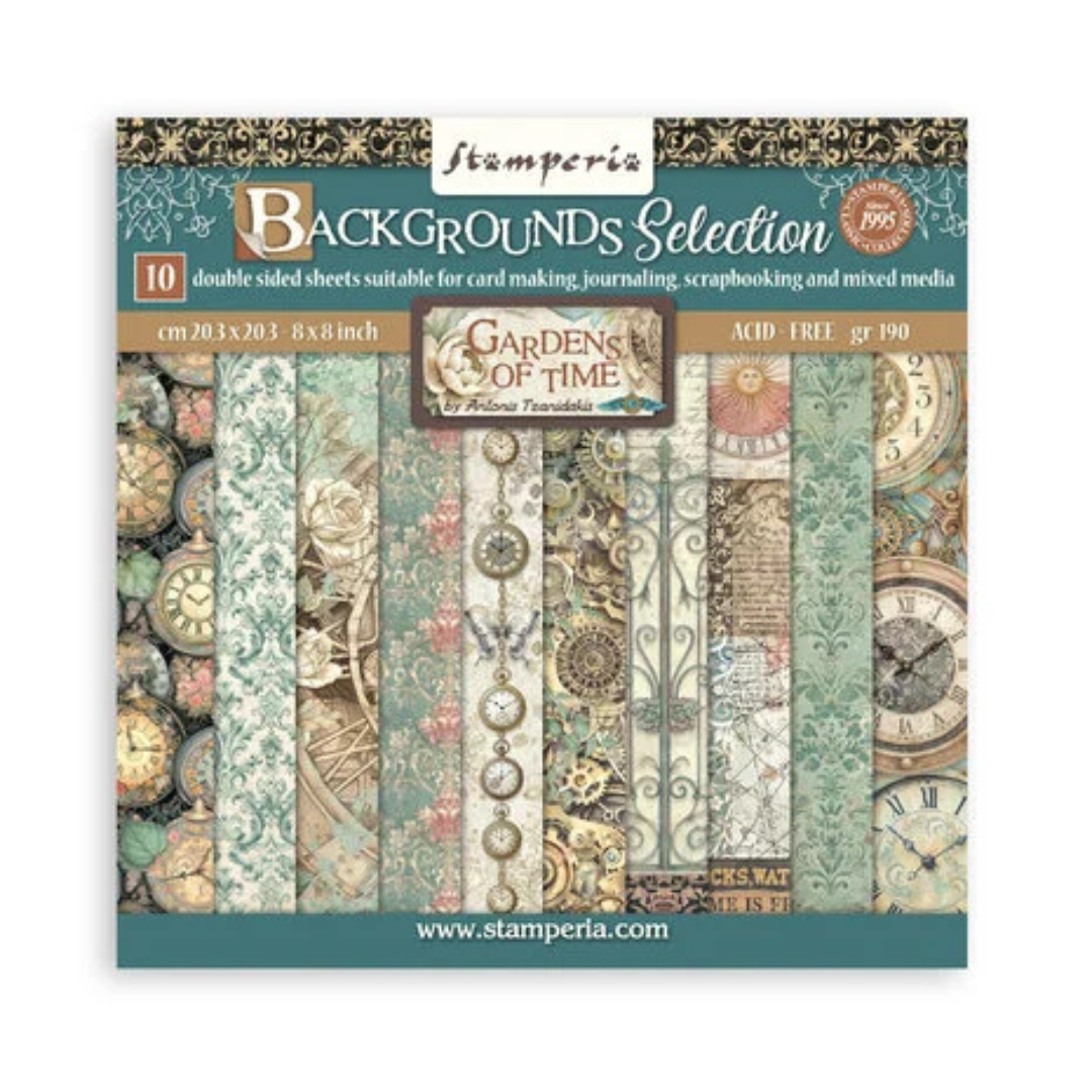 Stamperia Gardens of Time 8x8" Paper Pack Maxi Background Selection by Antonis Tzanidakis