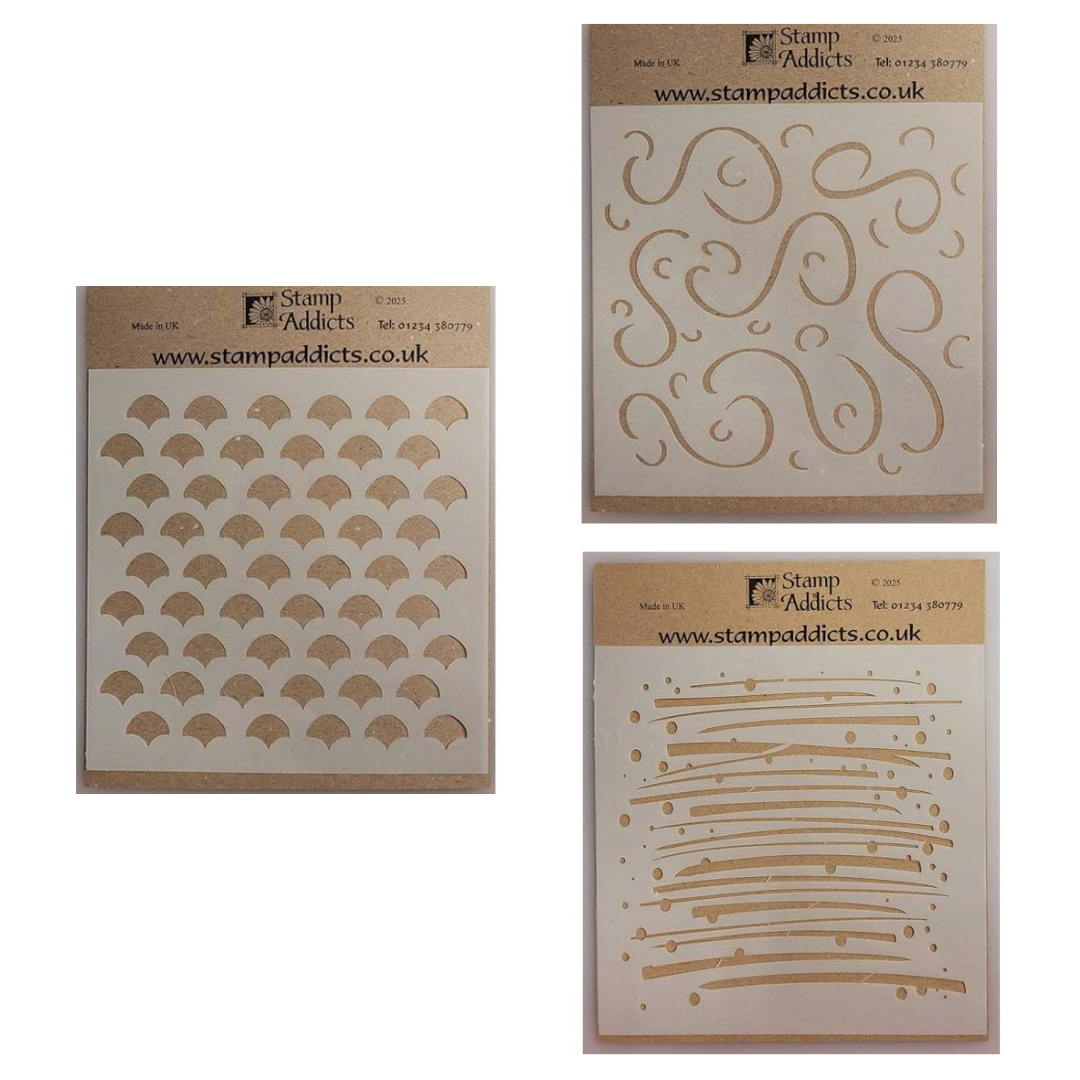 Stamp Addicts Set of 3 Stencils - Swirls & Curls, Fans, Brushed Lines
