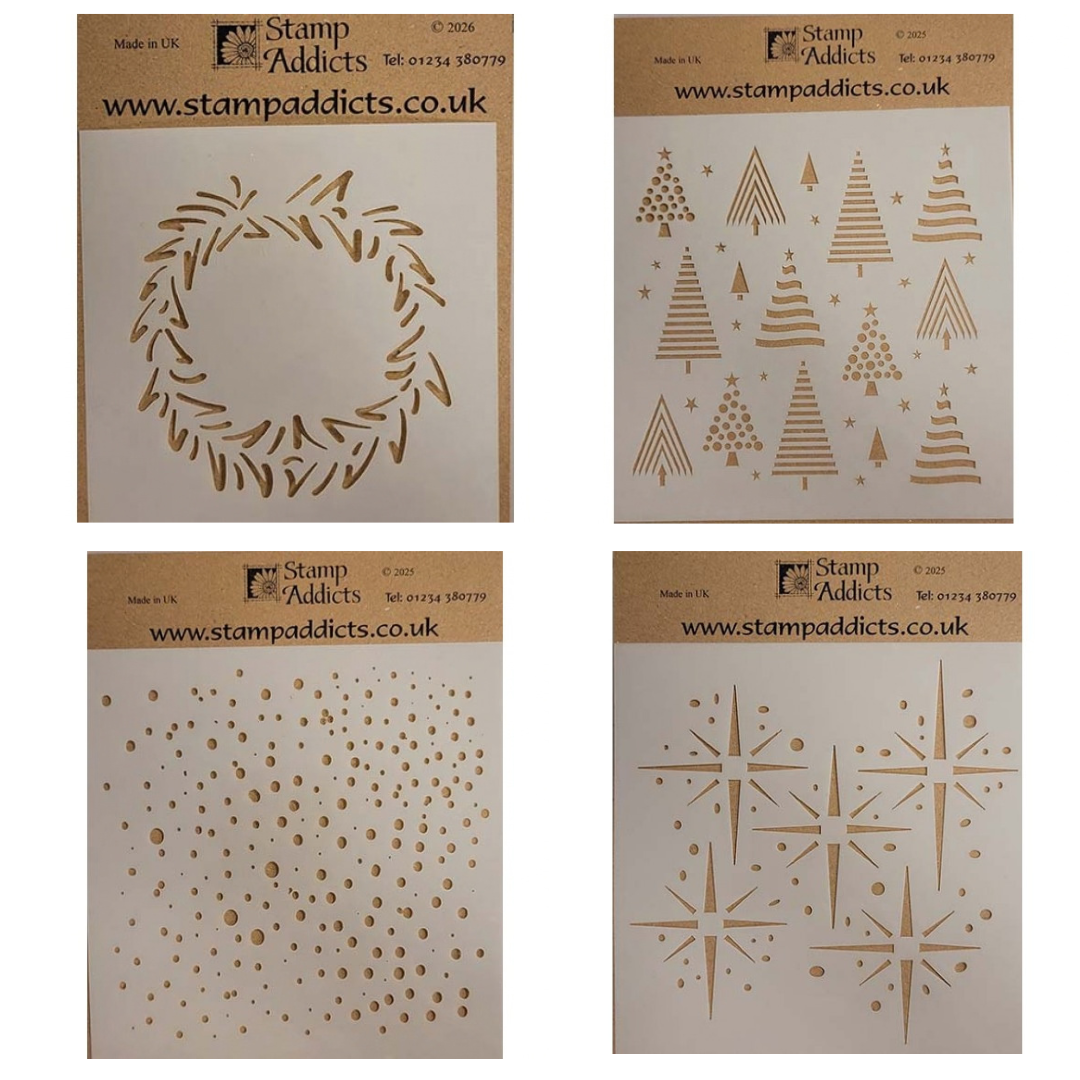 Stamp Addicts Set of 4 Stencils - Brushed Wreath, Modern Forest, Snowstorm & Twinkle Twinkle