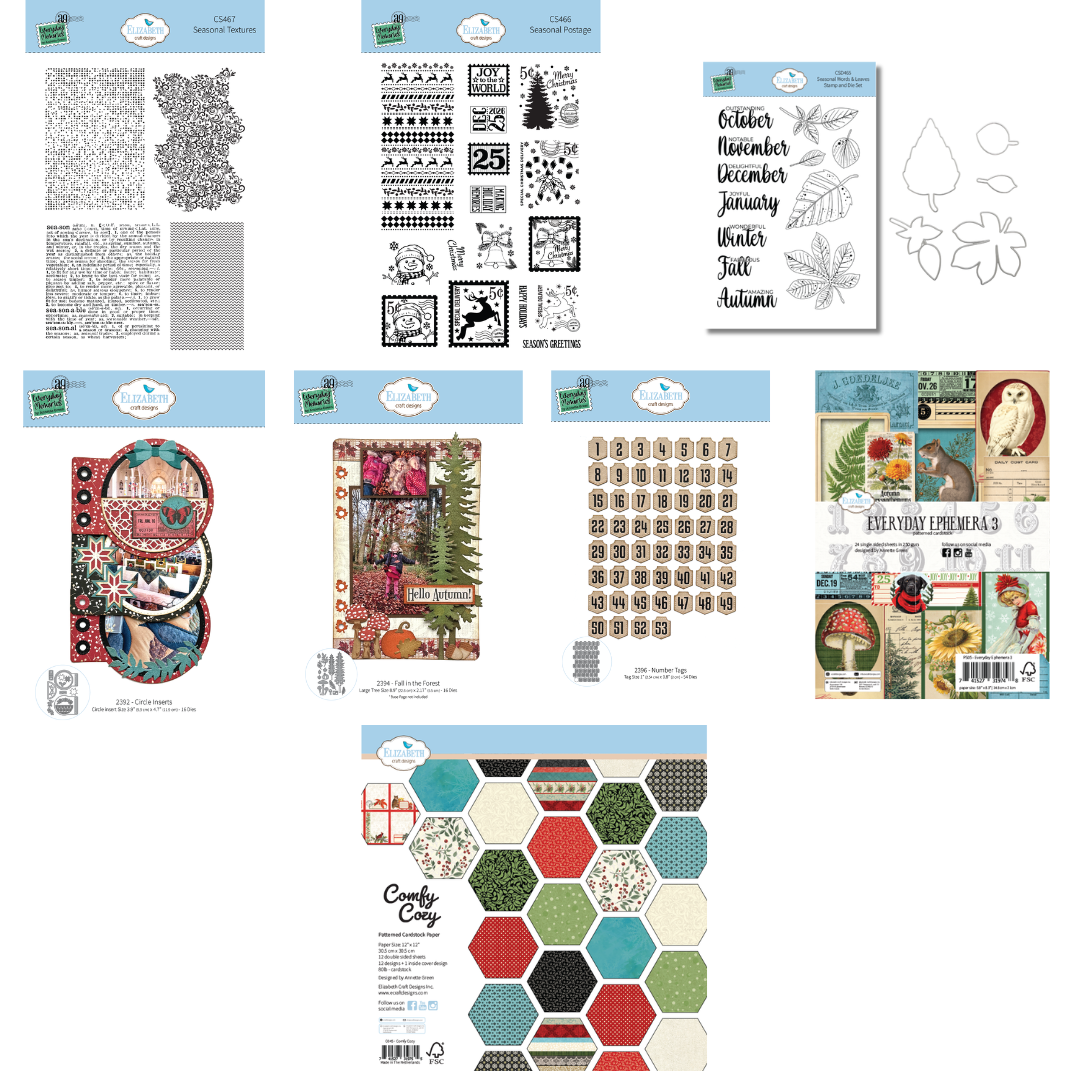 Elizabeth Craft Designs Comfy Cozy 12x12" Paper Pack, Stamps, Dies & Ephemera