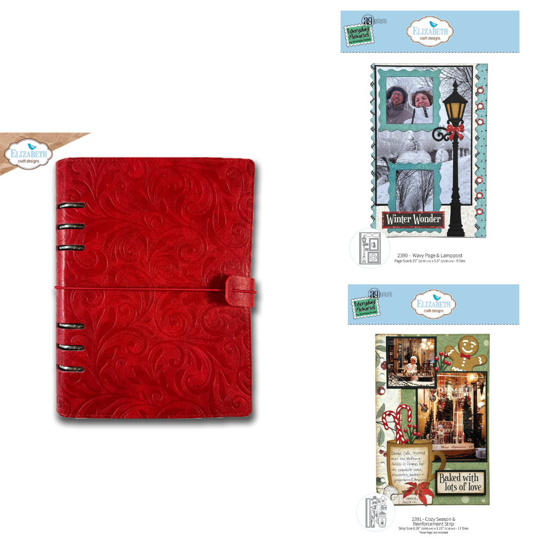 Elizabeth Craft Designs Festive Red Embossed Rectangle Memory Binder, Wavy Page & Lamp Post & Cozy Season & Reinforcement Strip Die Sets