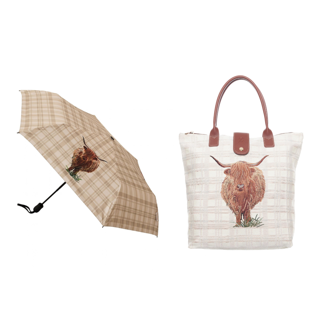 Signare Tapestry Highland Cow Automatic Umbrella with Foldaway Bag