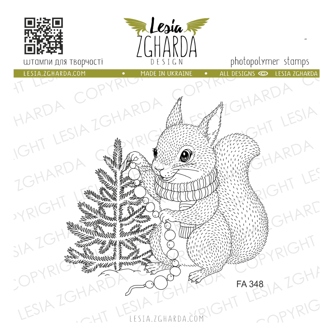 Lesia Zgharda Cozy Squirrel Decorating the Christmas Tree Stamp