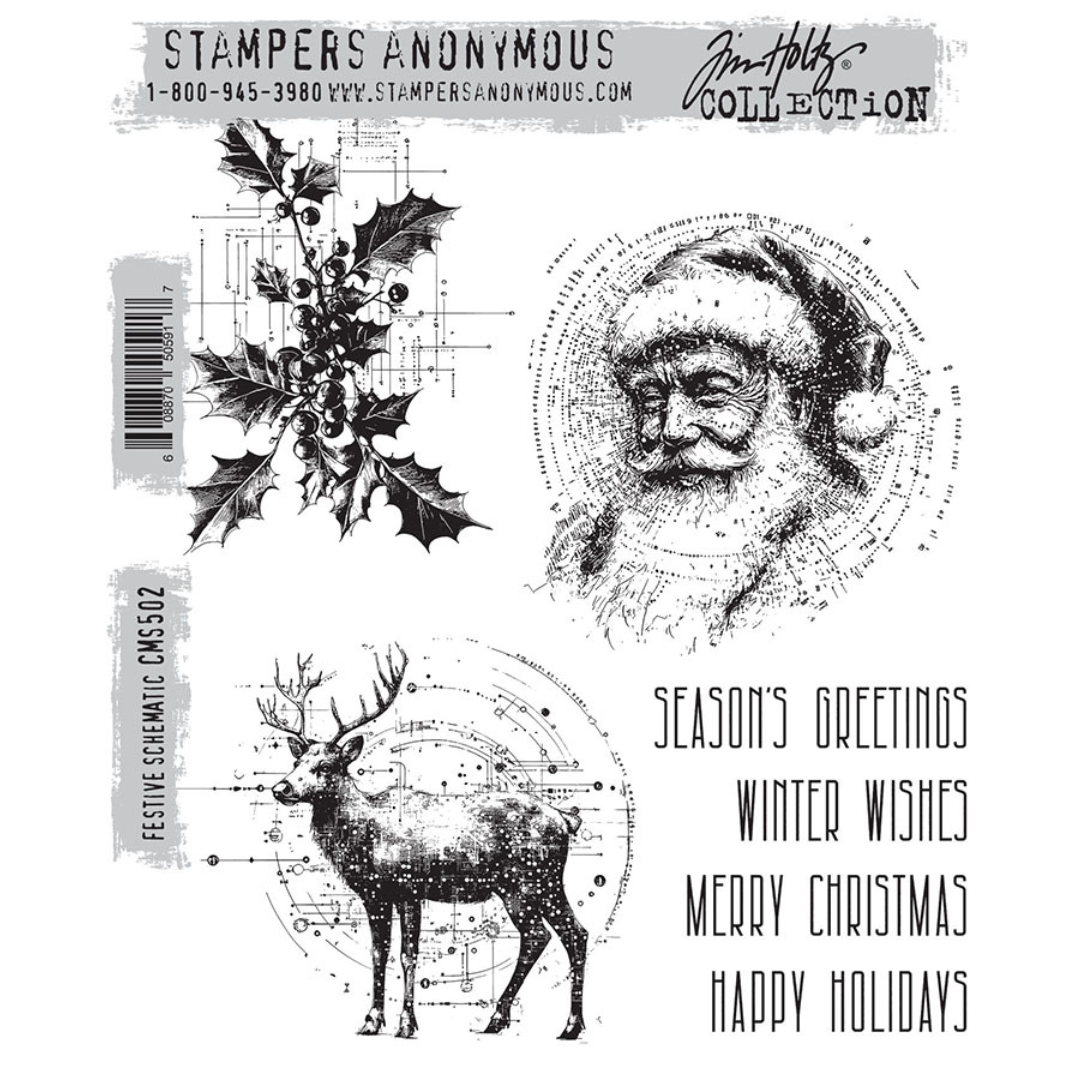 Tim Holtz Stampers Anonymous Festive Schematic Stamp Set - 7 Stamps