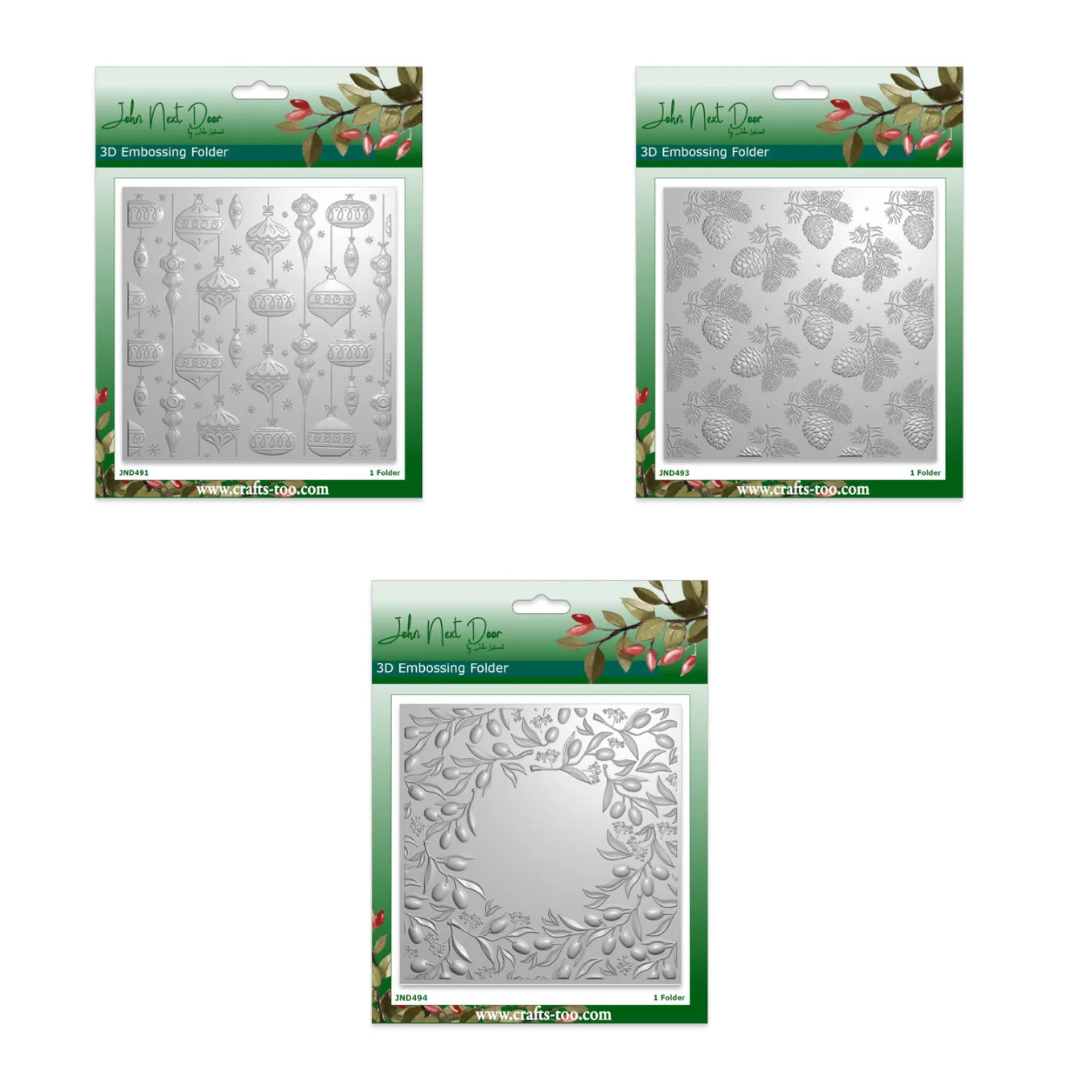 John Next Door 3D Embossing Folder Trio Half Price Offer- Retro Baubles, Pinecones & Hawthorn