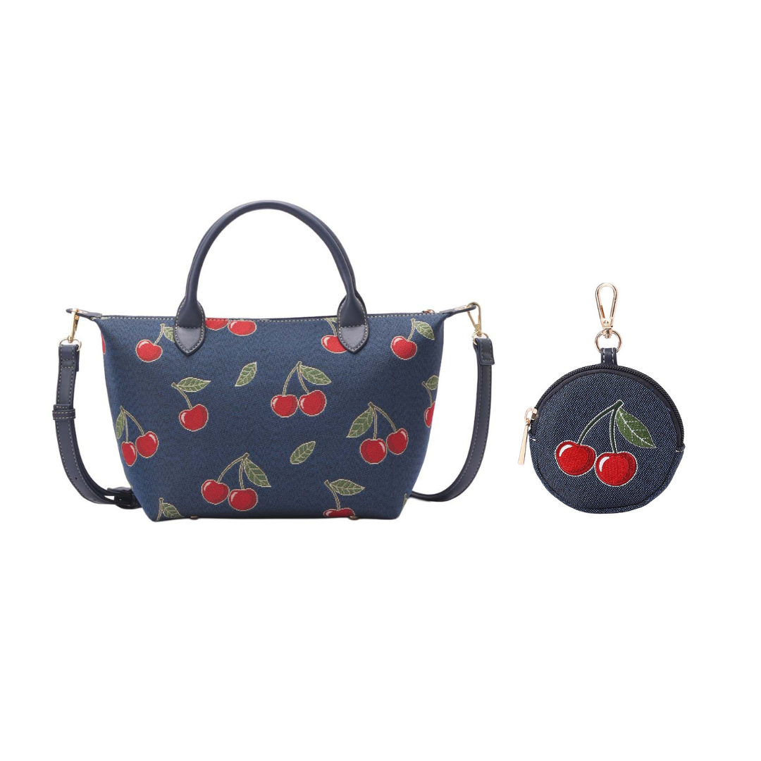 Signare London Grab Bag with Bubble Purse Cherry Design in Blue