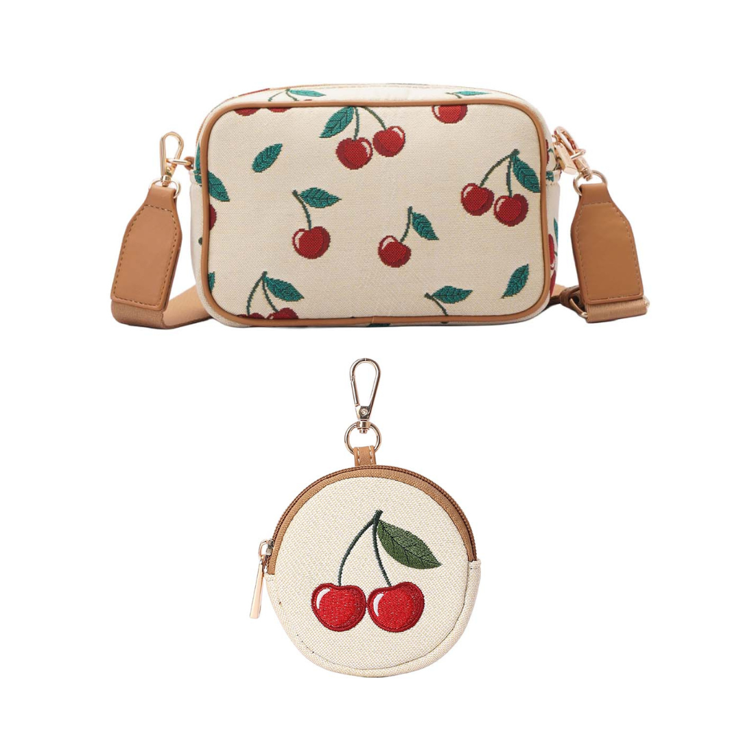 Signare London Camera Bag with Bubble Purse Cherry Design in Cream