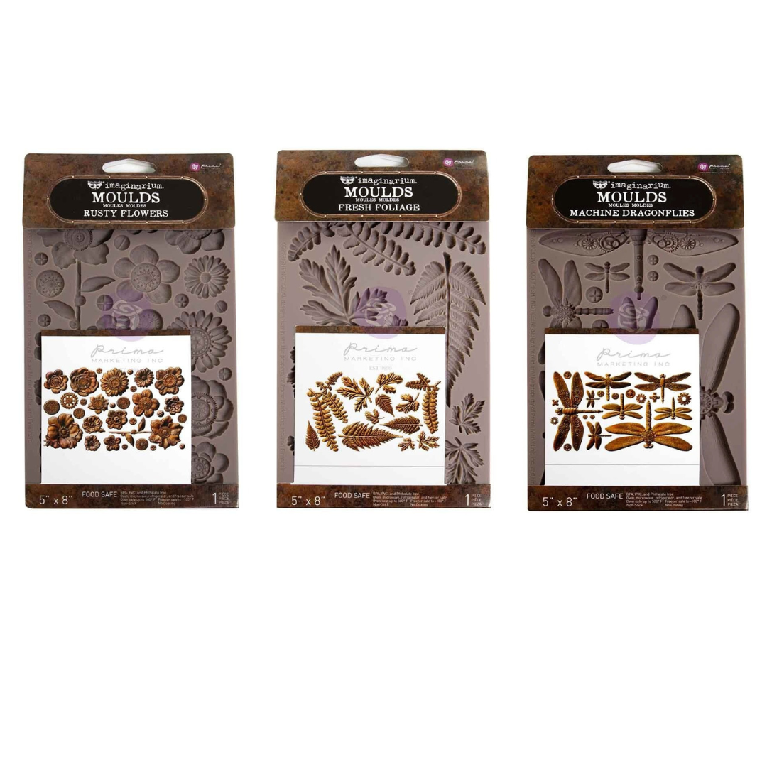 Finnabair Imaginarium 5x8"Silicone Moulds - Rusty Flowers, Dragonflies & Foliage