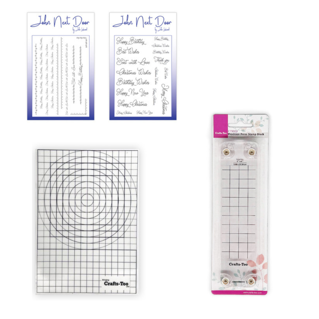 John Next Door Exclusive Stamping Mat Bundle Inc Press, Circle Design Mat & 2 x Clear Stamp Sentiment Sets