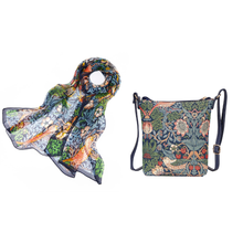 Signare Tapestry William Morris Strawberry Thief  Blue Silk Scarf with Sling Bag