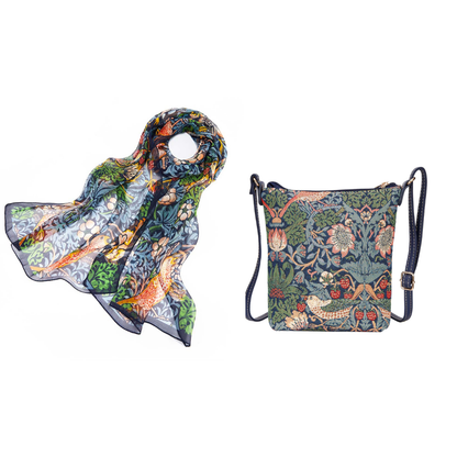 Signare Tapestry William Morris Strawberry Thief  Blue Silk Scarf with Sling Bag