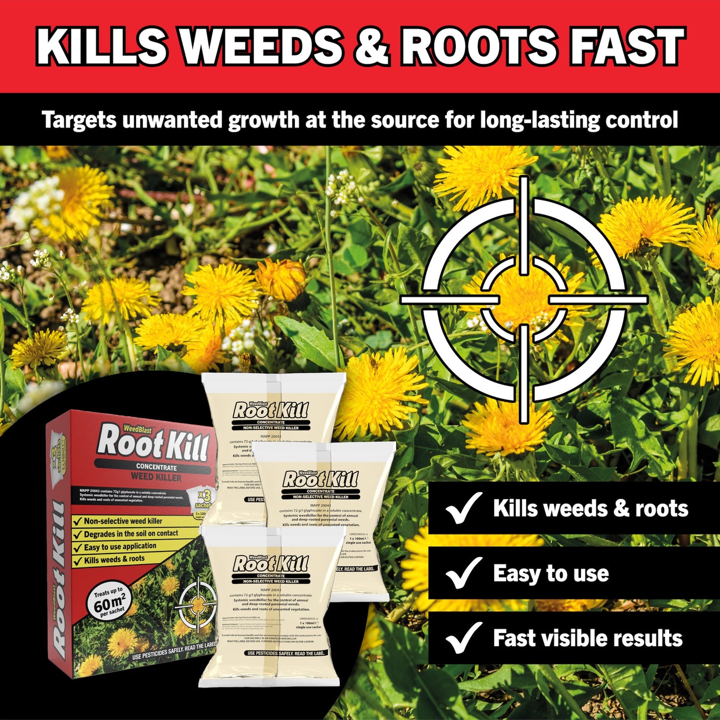 Weedblast Rootkill Glyphosate 72g/L 3 x 100ml Concentrate Sachets with 5L OneChem Pump Sprayer