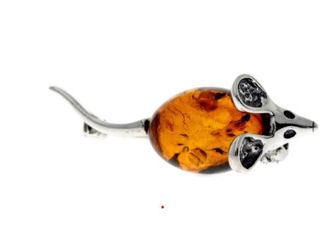 925 Sterling Silver & Baltic Amber Mouse Brooch
