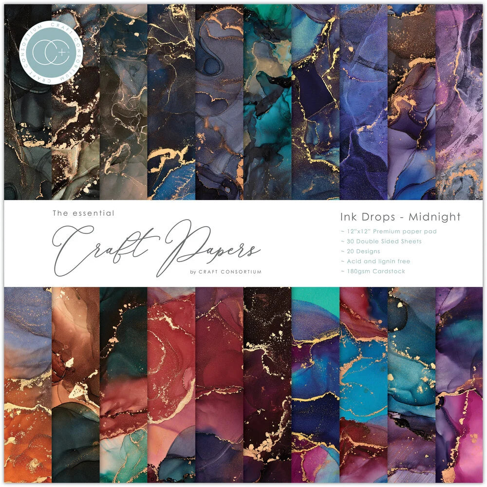 Craft Consortium Essential Craft Papers 12x12 Inch Paper Pad Ink Drops Midnight