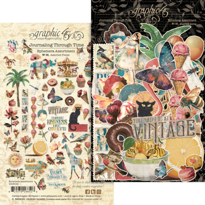 Graphic 45 Journaling Through Time Ephemera Set - 65 Assorted Die Cut Pieces