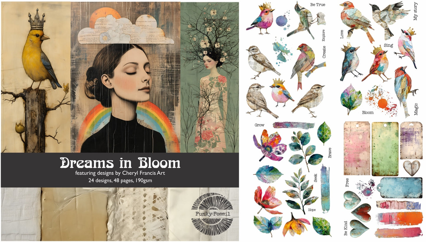 Funky Fossil Dreams in Bloom Paper Pad with Artful Petals & Wings Rub Ons