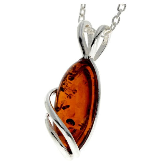 925 Sterling Silver & Genuine Baltic Amber Little Oval Modern Pendant