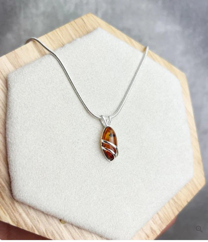 925 Sterling Silver & Genuine Baltic Amber Little Oval Modern Pendant