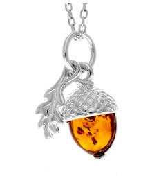 925 Sterling Silver & Genuine Baltic Amber Modern Acorn Pendant