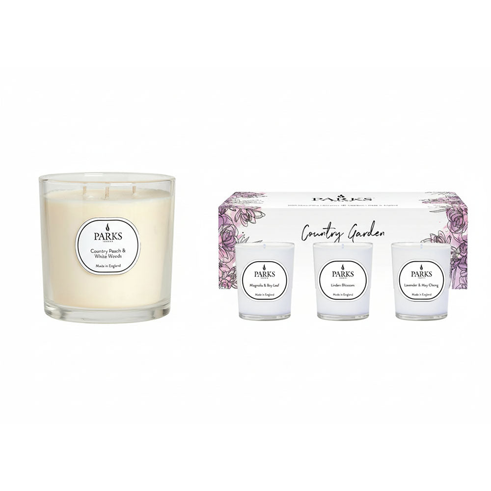 Parks London Peach and White Woods 650g Candle & Trio Votives Set 1