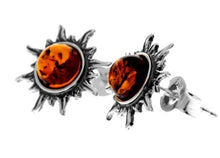 925 Sterling Silver & Genuine Baltic Amber Small Sun Stud Earrings