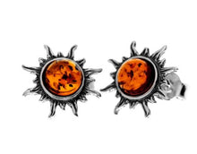 925 Sterling Silver & Genuine Baltic Amber Small Sun Stud Earrings