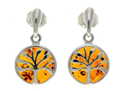 925 Sterling Silver & Genuine Baltic Amber Tree of Life Drop Stud Earrings